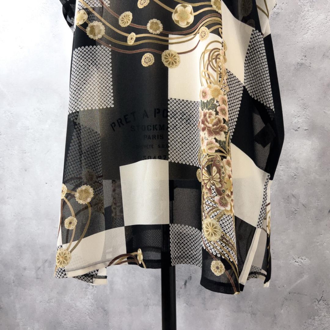 詩仙堂 シセンドウ フード シフォン ロング チュニック ワンピース 花柄 黒