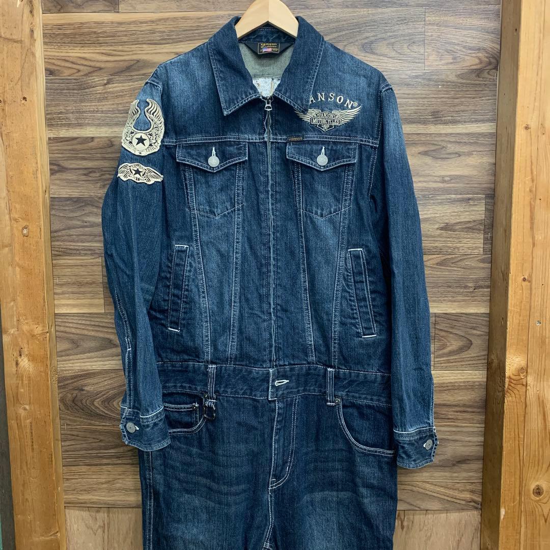 中古 VANSON 総刺繍 デニム オーバーオール つなぎ フライングエンブレム
