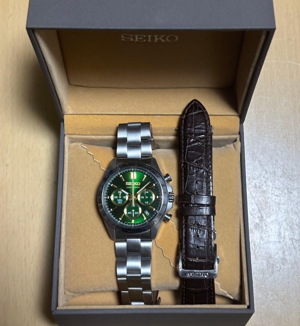 乃*耶様 セイコークロノグラフ グリーン　純正革ベルト　予備　セイコーSSベルト