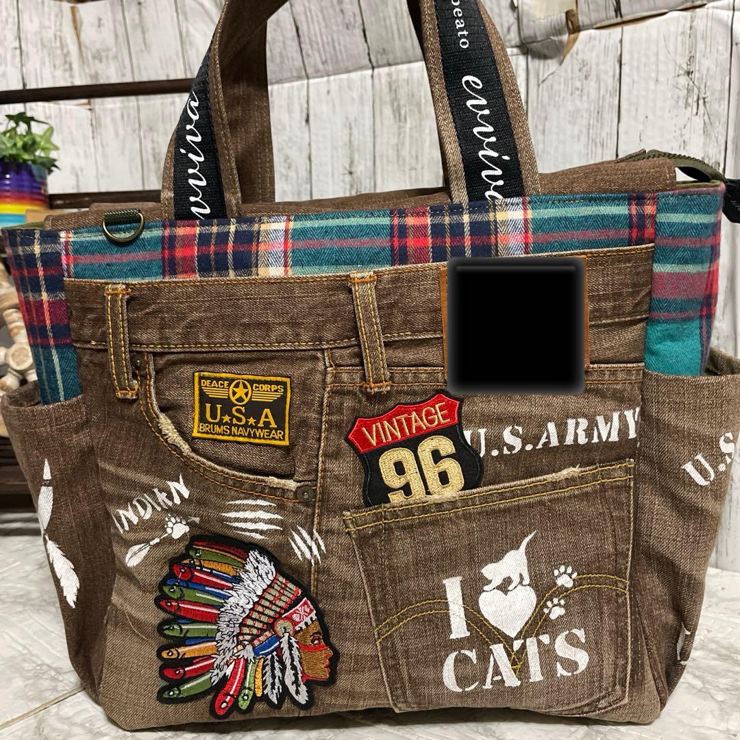 No.530 デニムリメイクバッグ　トートバッグ　キャットインディアン