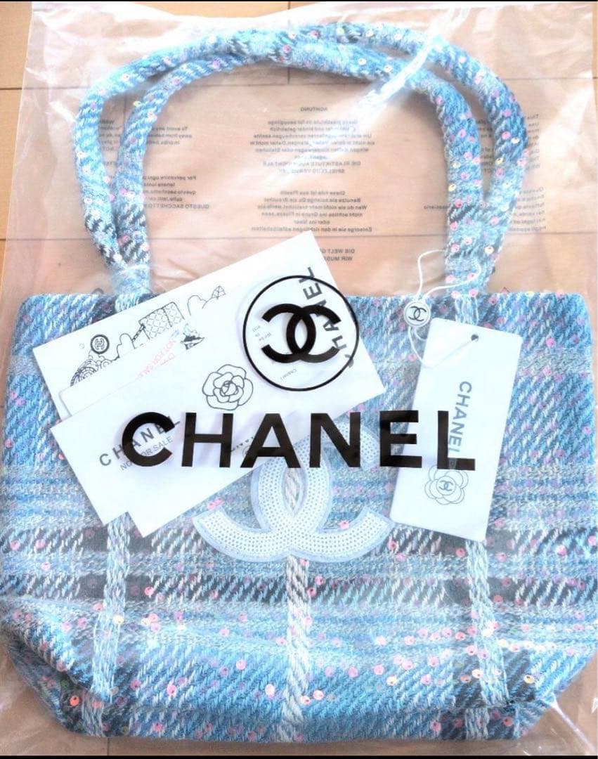 CHANEL シャネル ツイード チェック トートバッグ　水色　新品