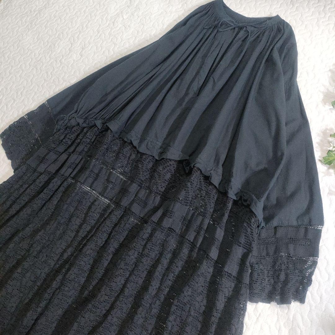 美品✨TODAYFUL　コットンレースギャザーワンピース　ゆったり　黒　38