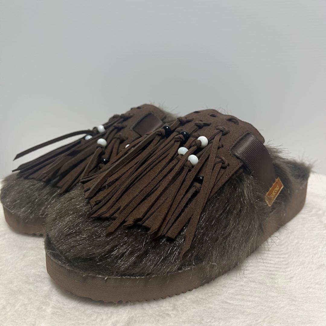 L'Appartment　[SUICOKE]ファー×フリンジサボサンダル　茶