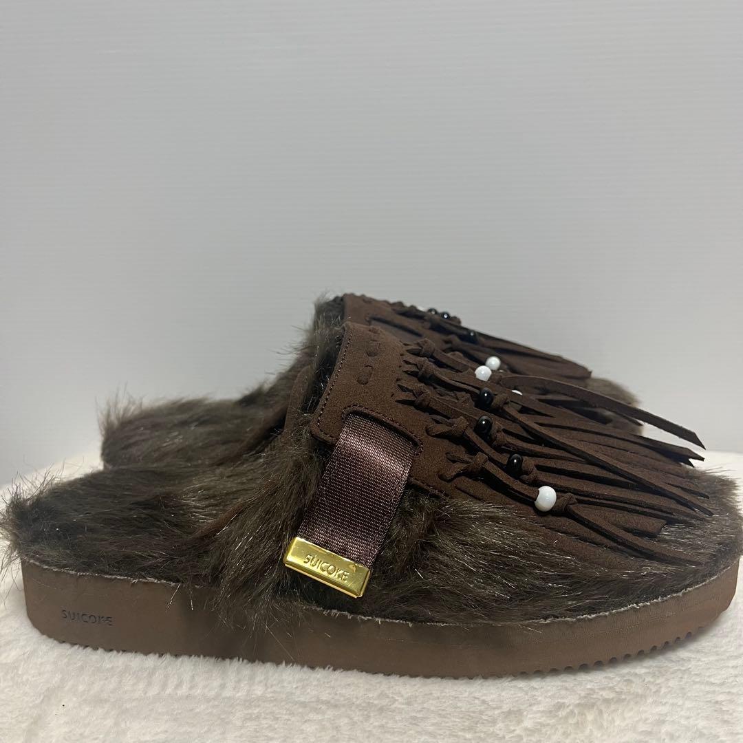 L'Appartment　[SUICOKE]ファー×フリンジサボサンダル　茶