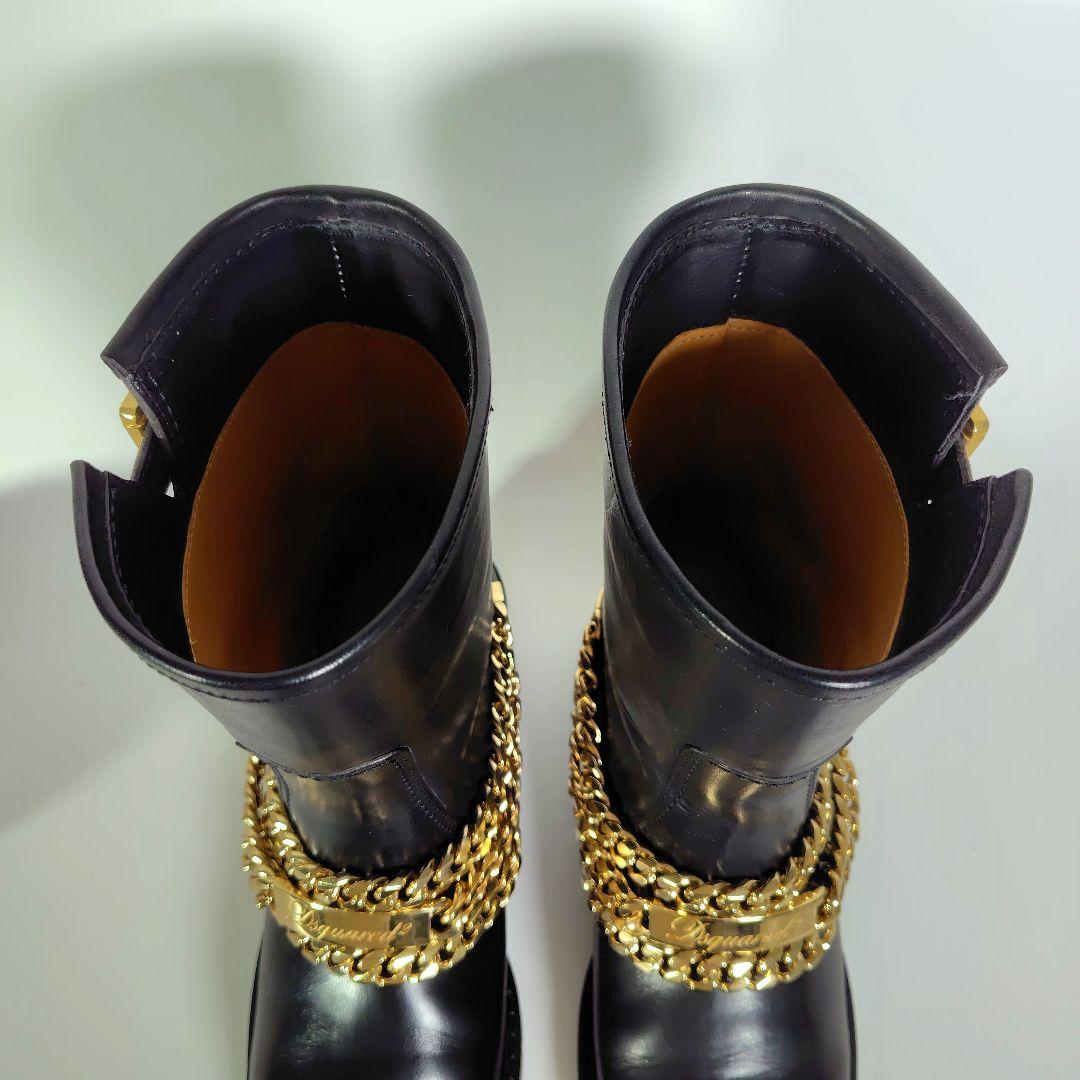 DSQUARED2 ゴールドチェーン レザー ブーツ 黒 37 モード