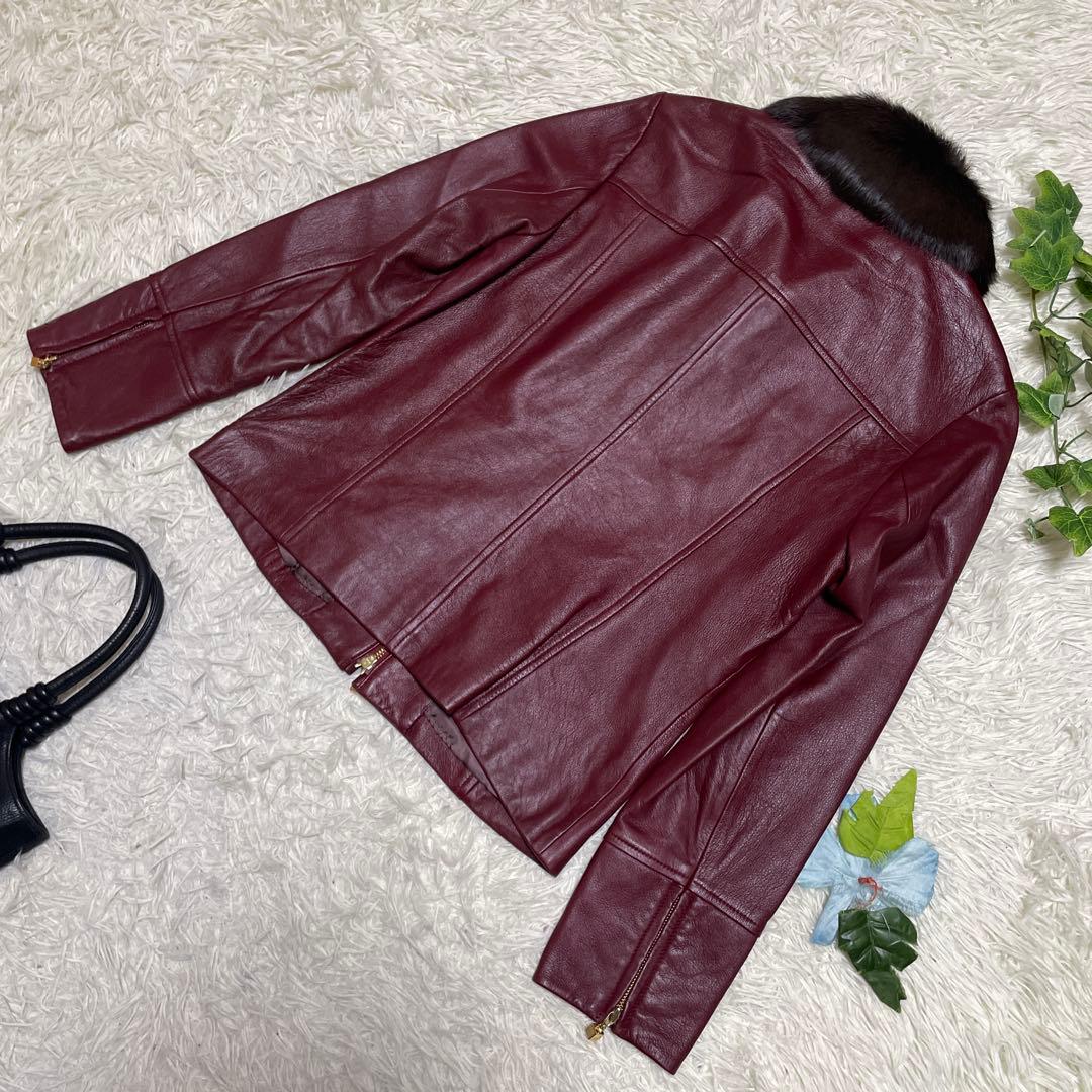 美品　インゲボルグ　レザージャケット　深い赤　本革　羊革　ラビットファー　M