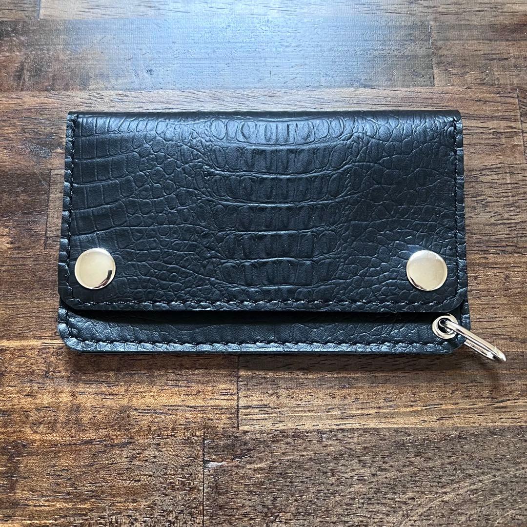 姫路レザー トラッカーウォレットミドル 黒 クロコ型押し 『紙幣折らずに収納可』