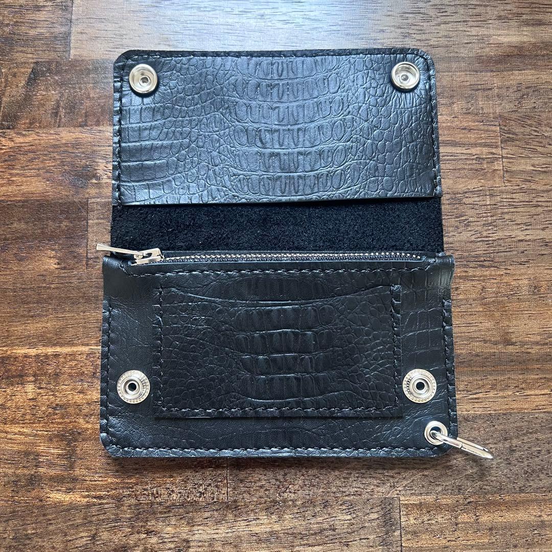 姫路レザー トラッカーウォレットミドル 黒 クロコ型押し 『紙幣折らずに収納可』