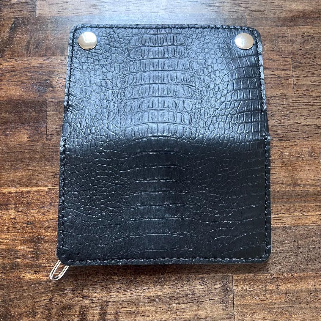 姫路レザー トラッカーウォレットミドル 黒 クロコ型押し 『紙幣折らずに収納可』