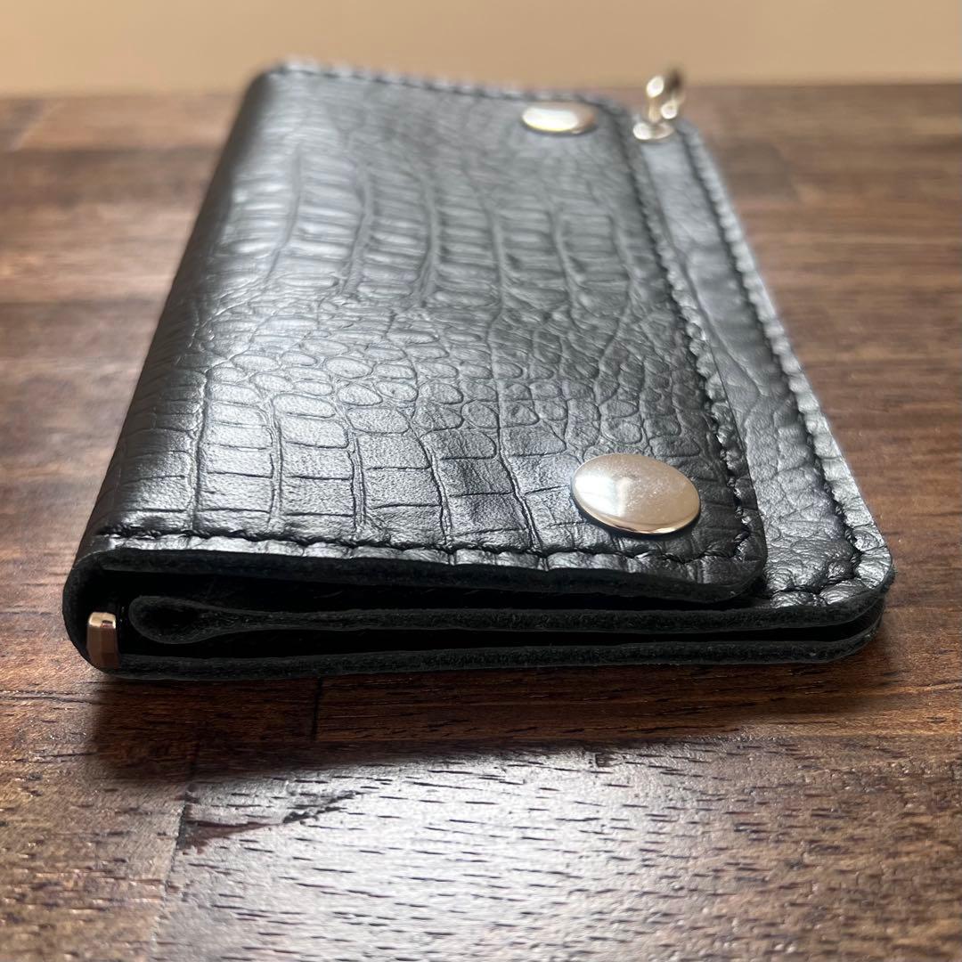 姫路レザー トラッカーウォレットミドル 黒 クロコ型押し 『紙幣折らずに収納可』