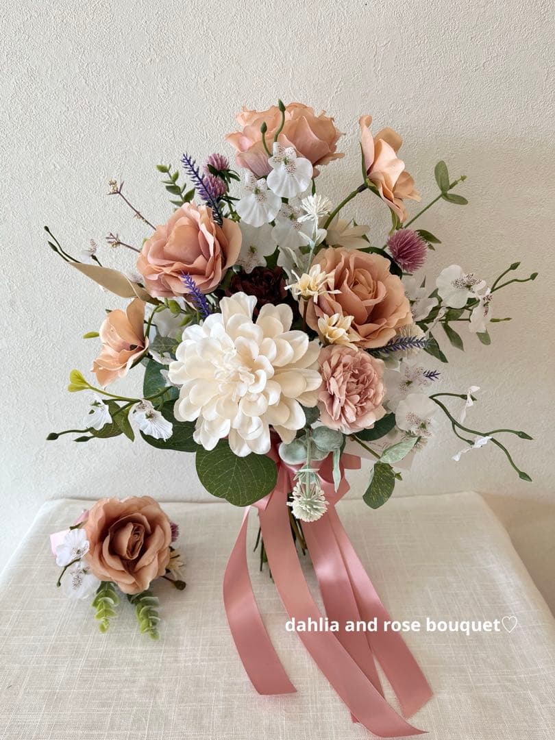 ウェディングブーケとブートニアのセット♡ローズブーケ♡ダリアブーケ♡前撮り♡挙式