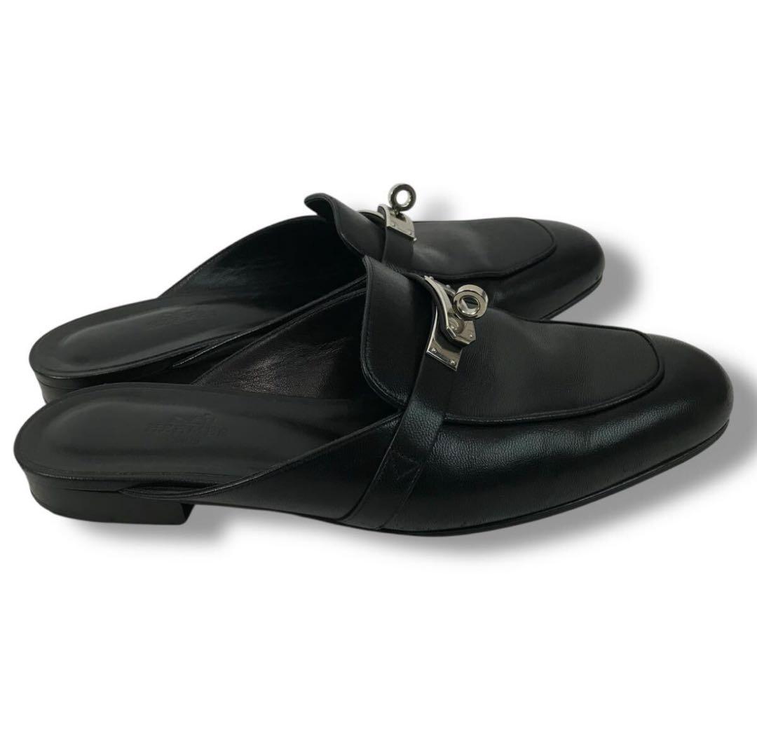 エルメス オズ ケリー シルバー金具 ミュール サンダル 黒 ブラック 38