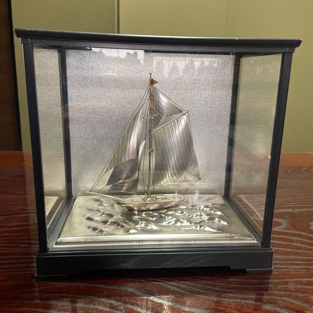 金属製 帆船模型 透明ガラスケース付き