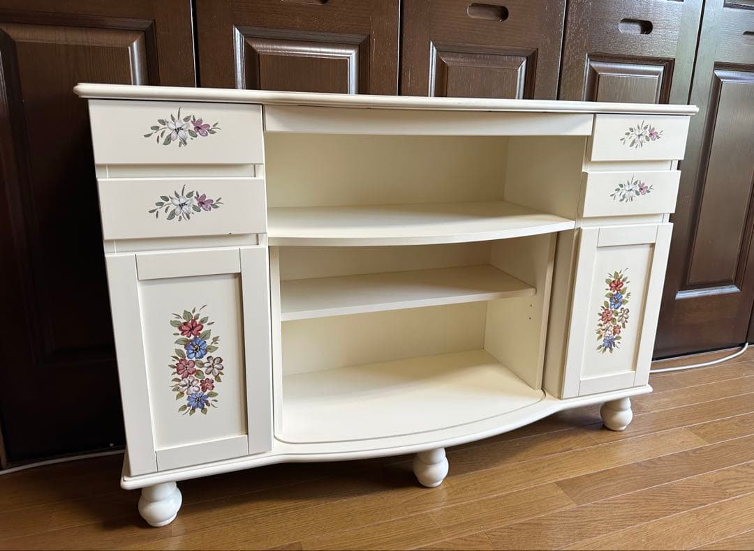 Kiyoka アンティーク　オフホワイト花柄キャビネット　チェスト