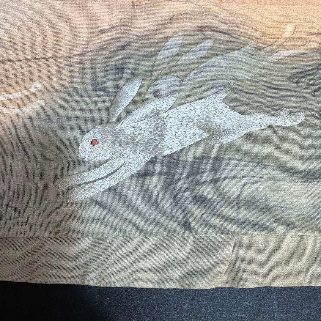 ウサギ刺繍 名古屋帯　アンティーク　餅つき　レア