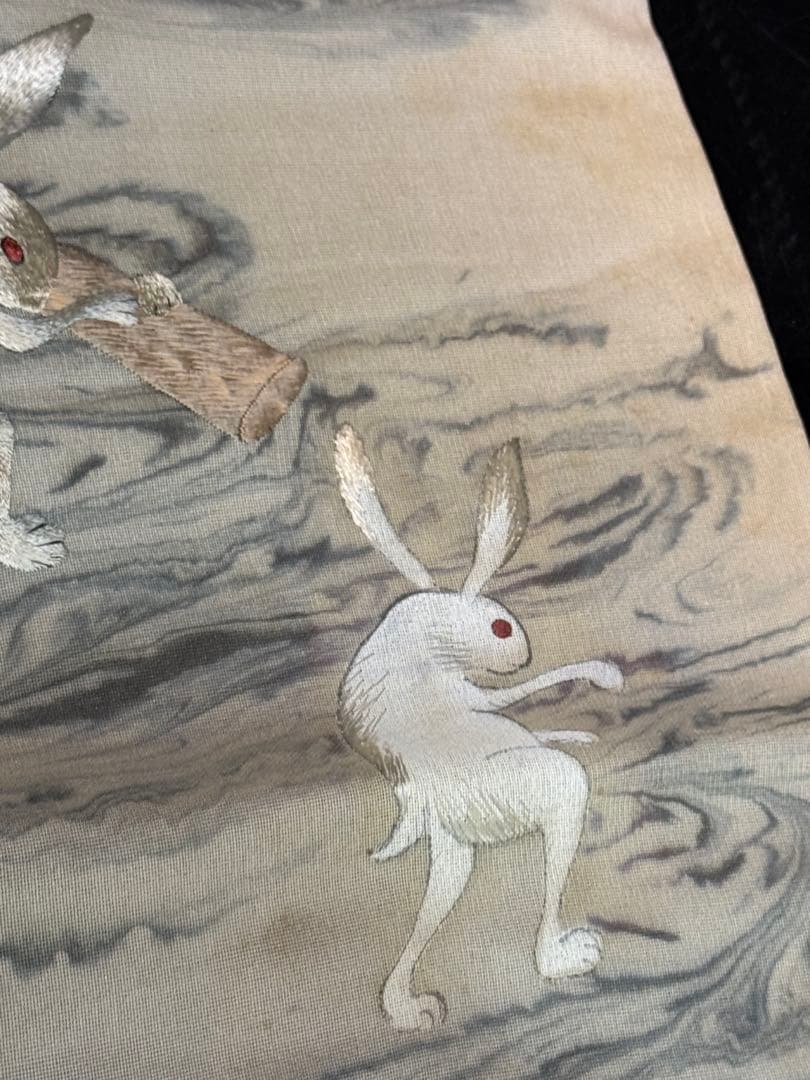 ウサギ刺繍 名古屋帯　アンティーク　餅つき　レア