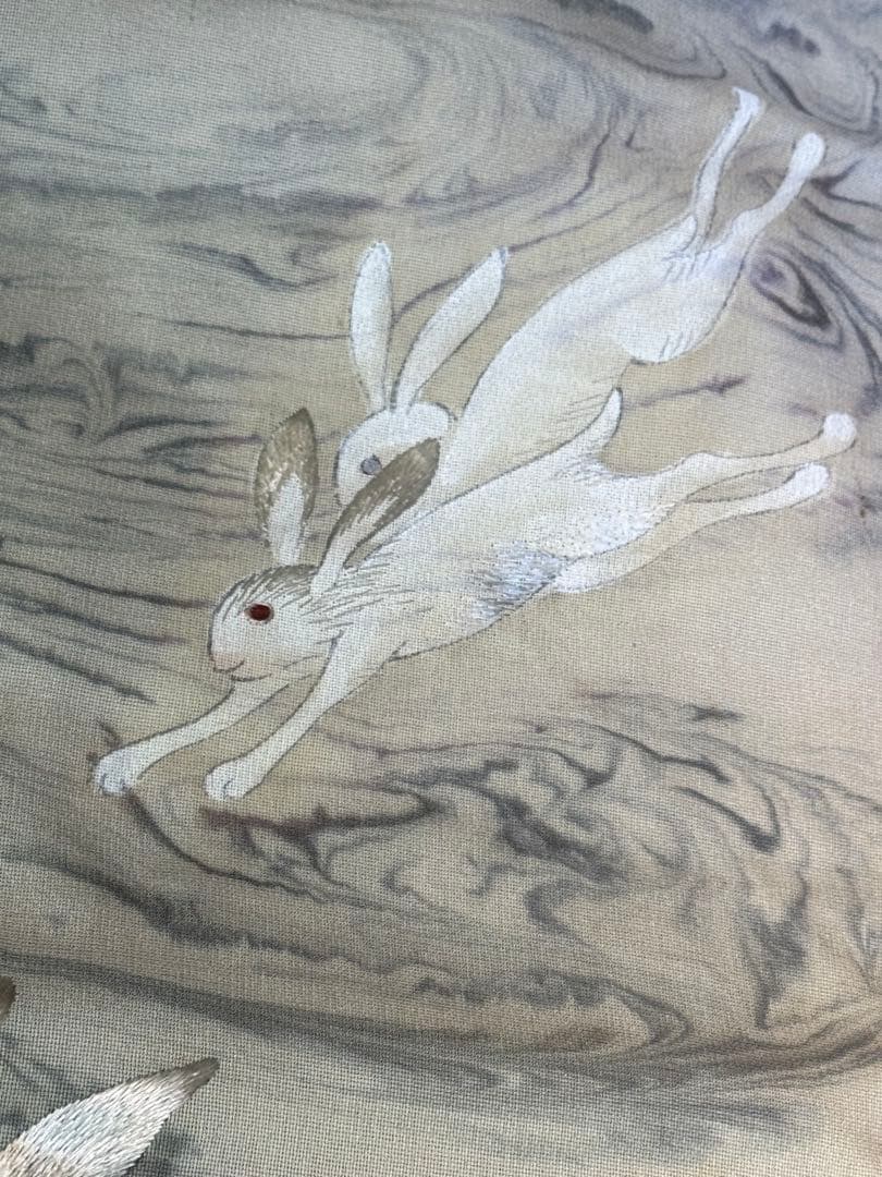 ウサギ刺繍 名古屋帯　アンティーク　餅つき　レア