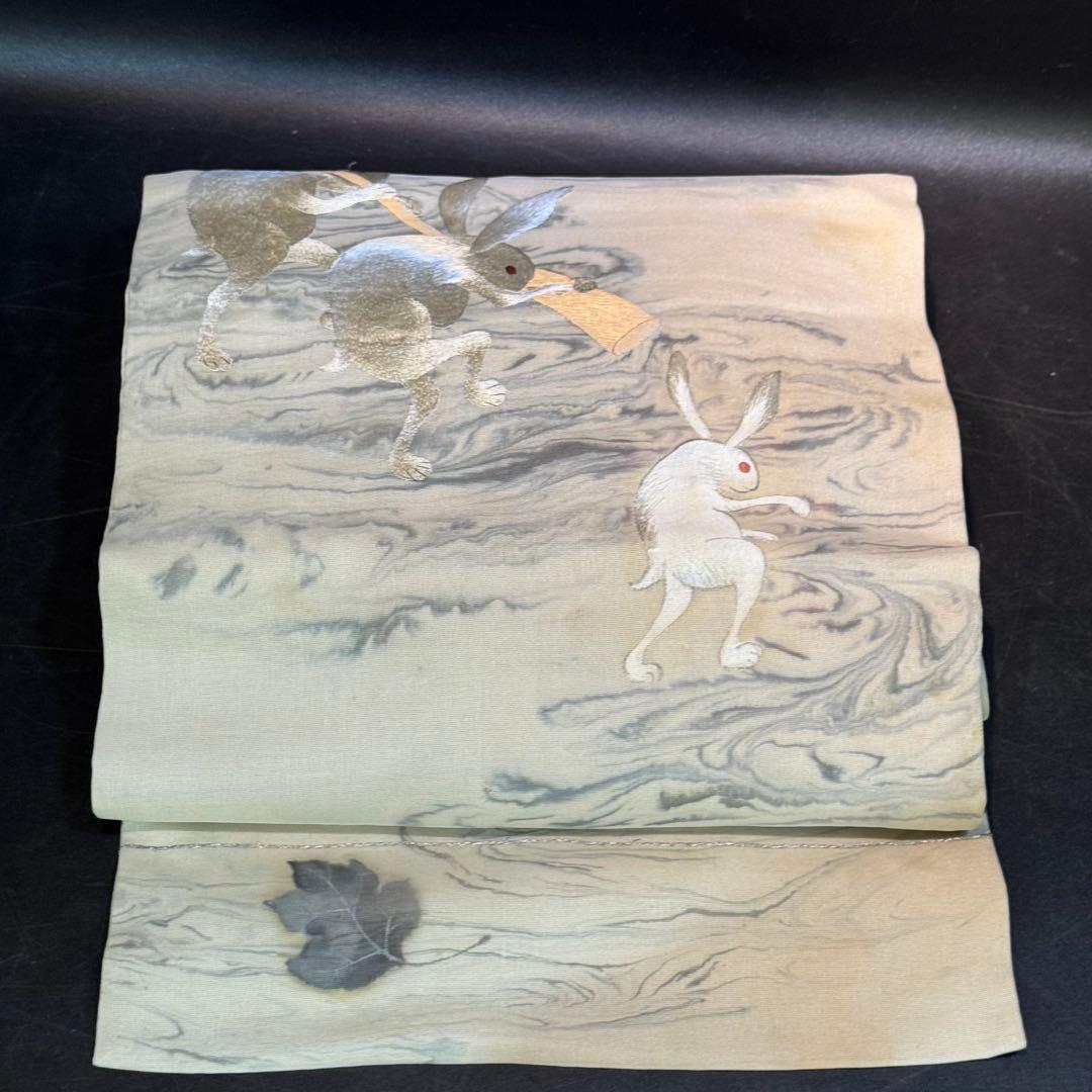 ウサギ刺繍 名古屋帯　アンティーク　餅つき　レア