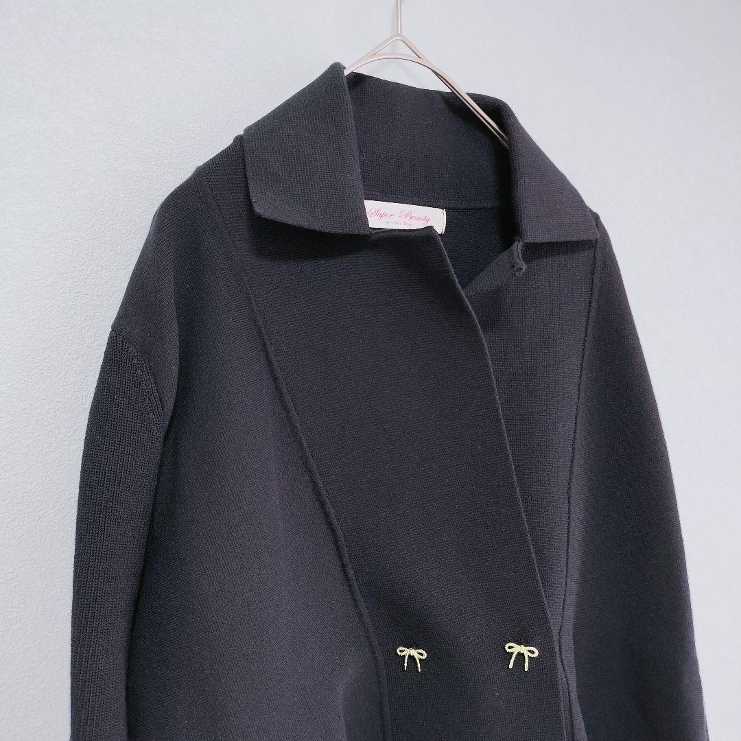 【美品】 スーパービューティー ストレッチニットジャケット 金リボン 金ボタン