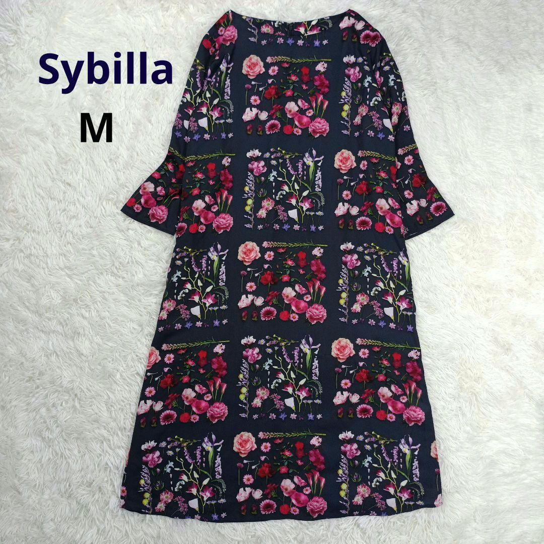 近年 極美品✨シビラ　フラワー フォトプリントドレス　M　七分袖　ロング