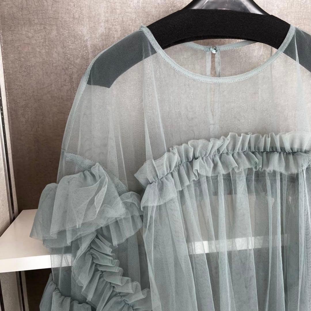 【新品タグ付き】ANDRESD デコラティブチュールトップス フリルブラウス緑