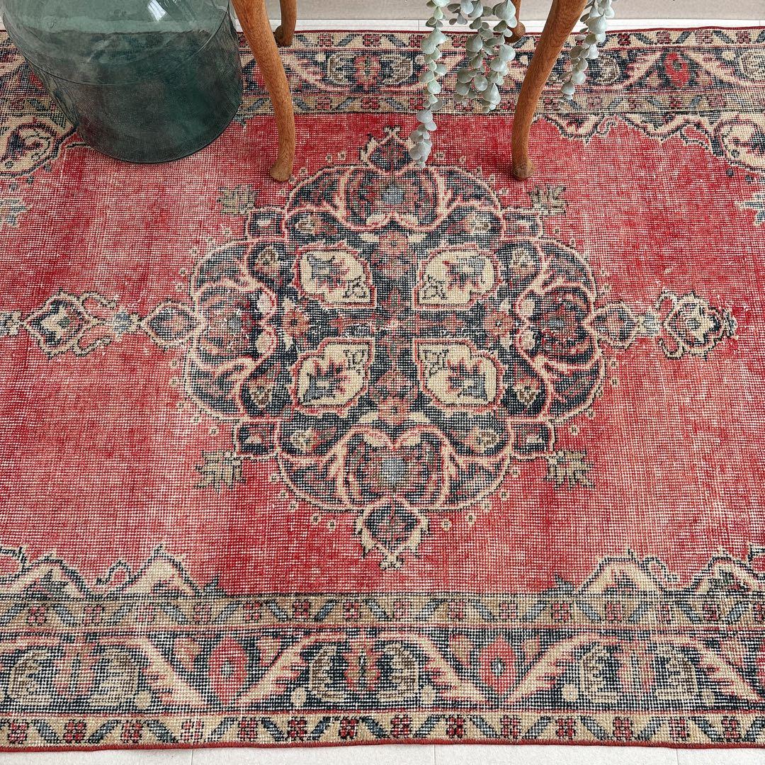 トルコ　ヴィンテージラグ　赤　ネイビー　メダリオン