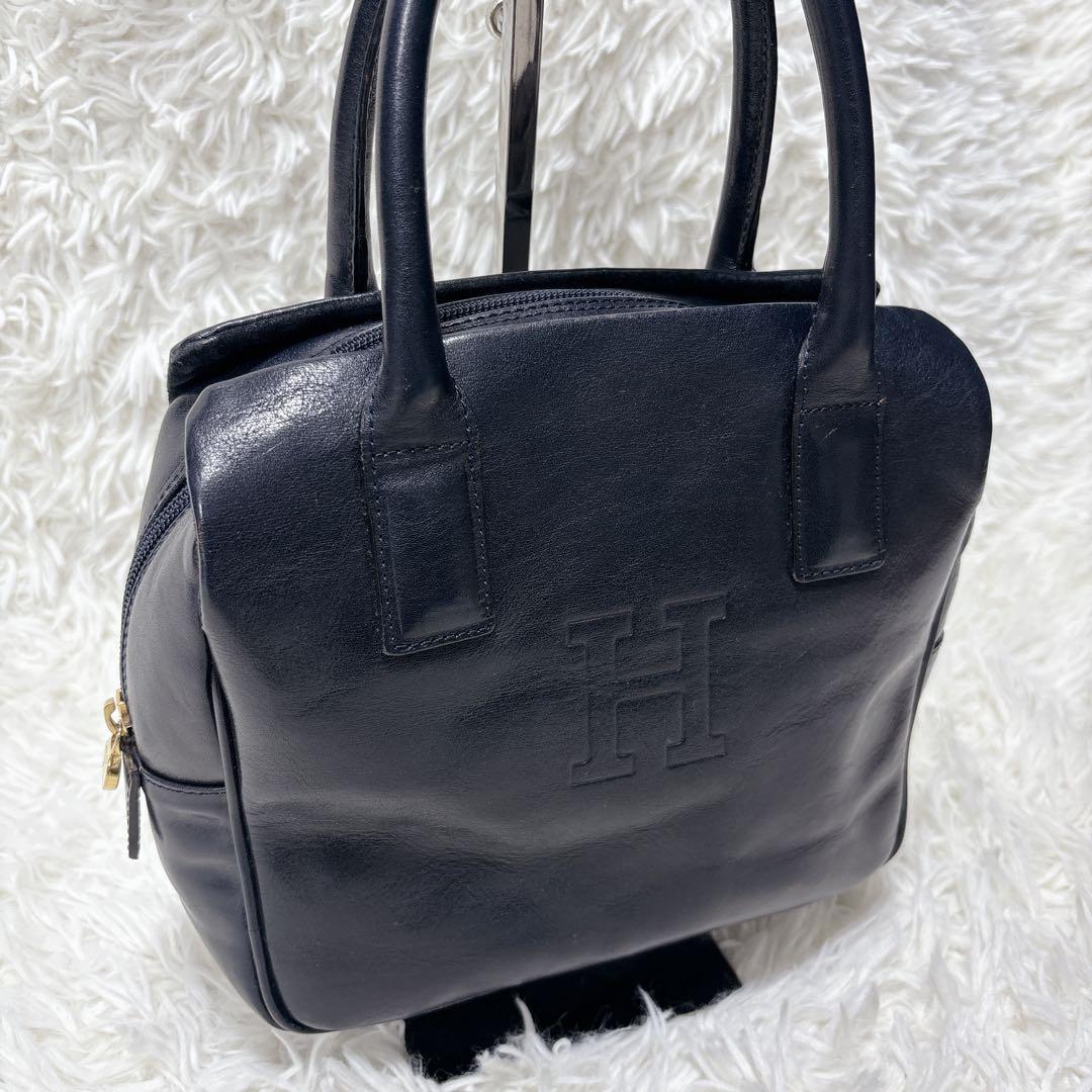 良品✨HIROFU ヒロフ レザー ハンドバッグ Hロゴ ネイビー ゴールド金具
