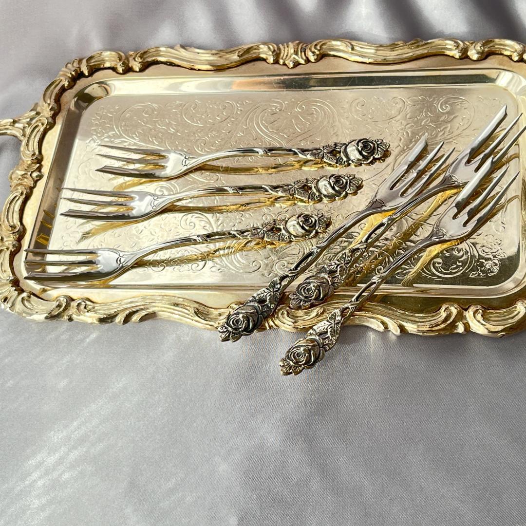 【Adam Manns】 薔薇のケーキフォーク 6本【純銀】ヒルデスハイムローズ