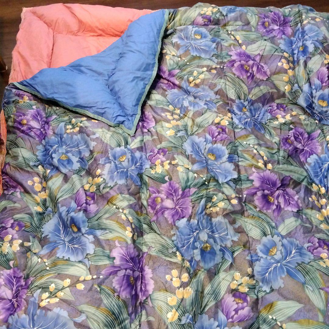 羽毛掛け布団 2枚合わせシングル 花柄 ブルー＆レッド 2枚セット 日本製②