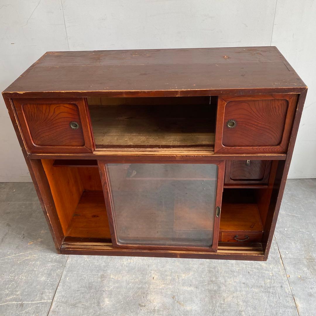 ヴィンテージ ガラス戸棚 キャビネット 水屋箪笥 昭和レトロ 無垢材 z505