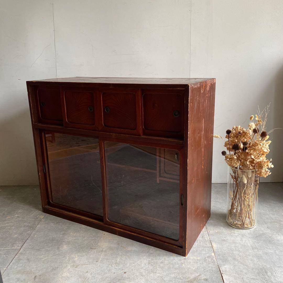 ヴィンテージ ガラス戸棚 キャビネット 水屋箪笥 昭和レトロ 無垢材 z505