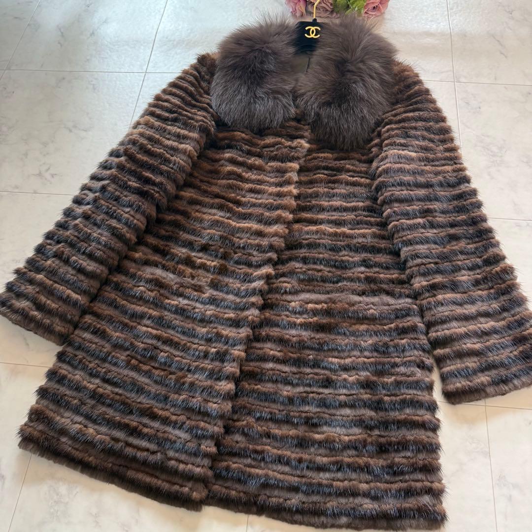 近年モデル 総丈84 ミンク/フォックス 2wayファーコート 毛皮 横段 軽量