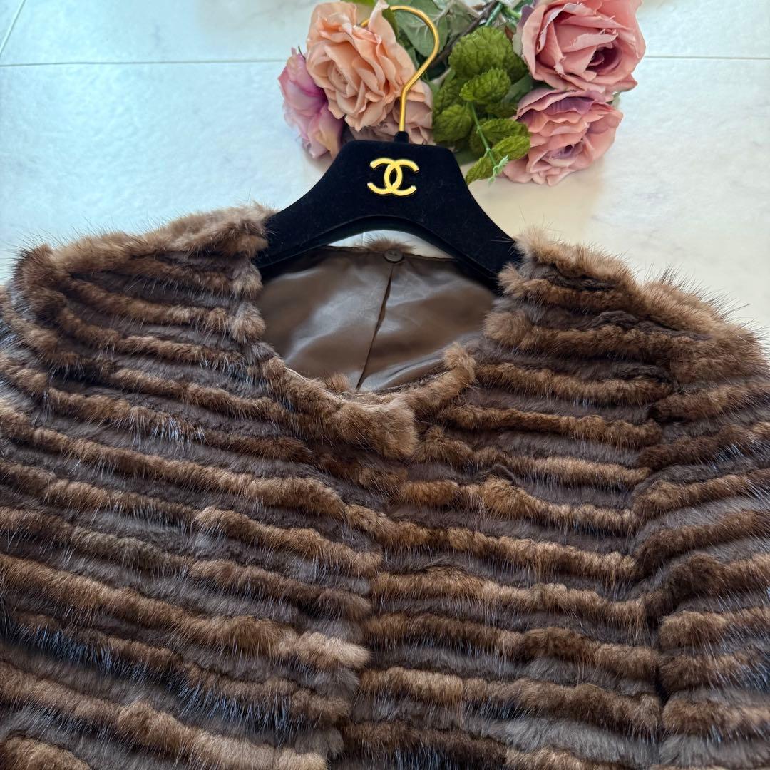 近年モデル 総丈84 ミンク/フォックス 2wayファーコート 毛皮 横段 軽量