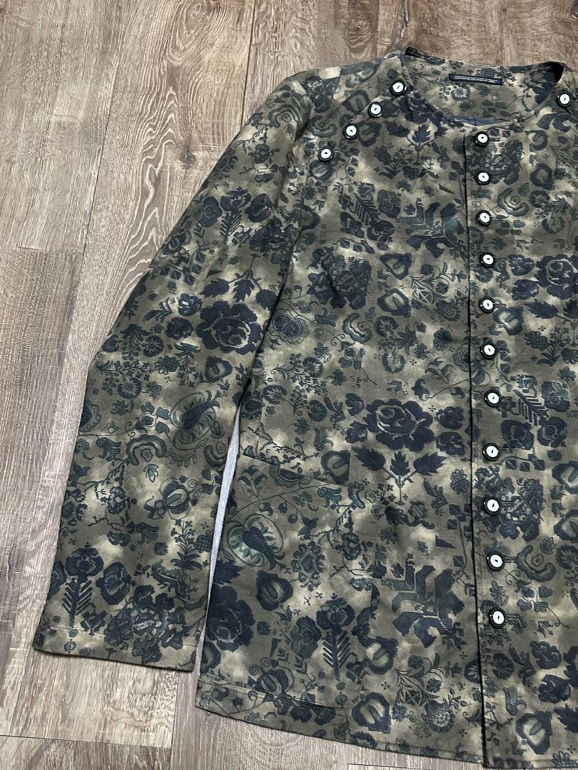 ヨウジヤマモトプールオム 15ss 花柄総柄 ボタン装飾 ノーカラージャケット