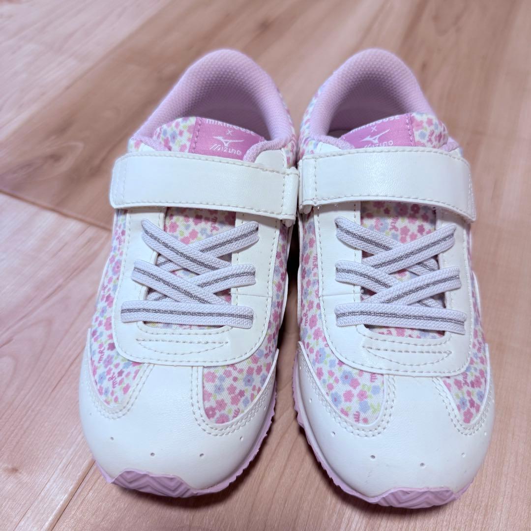 19.5cm Mizuno ミキハウス　コラボ　花柄スニーカー ホワイト/ピンク