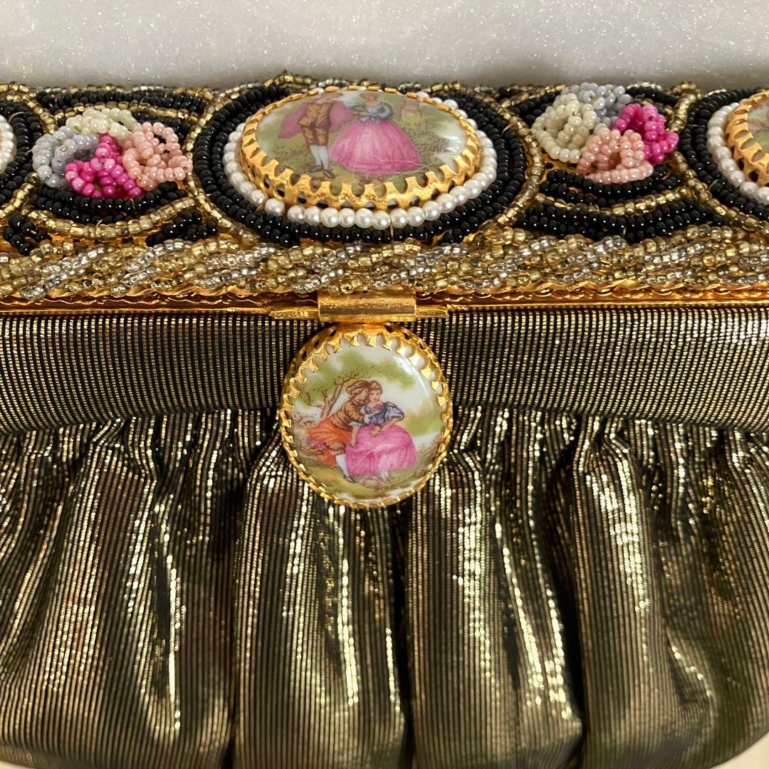 フランス　アンティークデザイン　パーティバッグ　シックゴールド＆陶器＆ビーズ