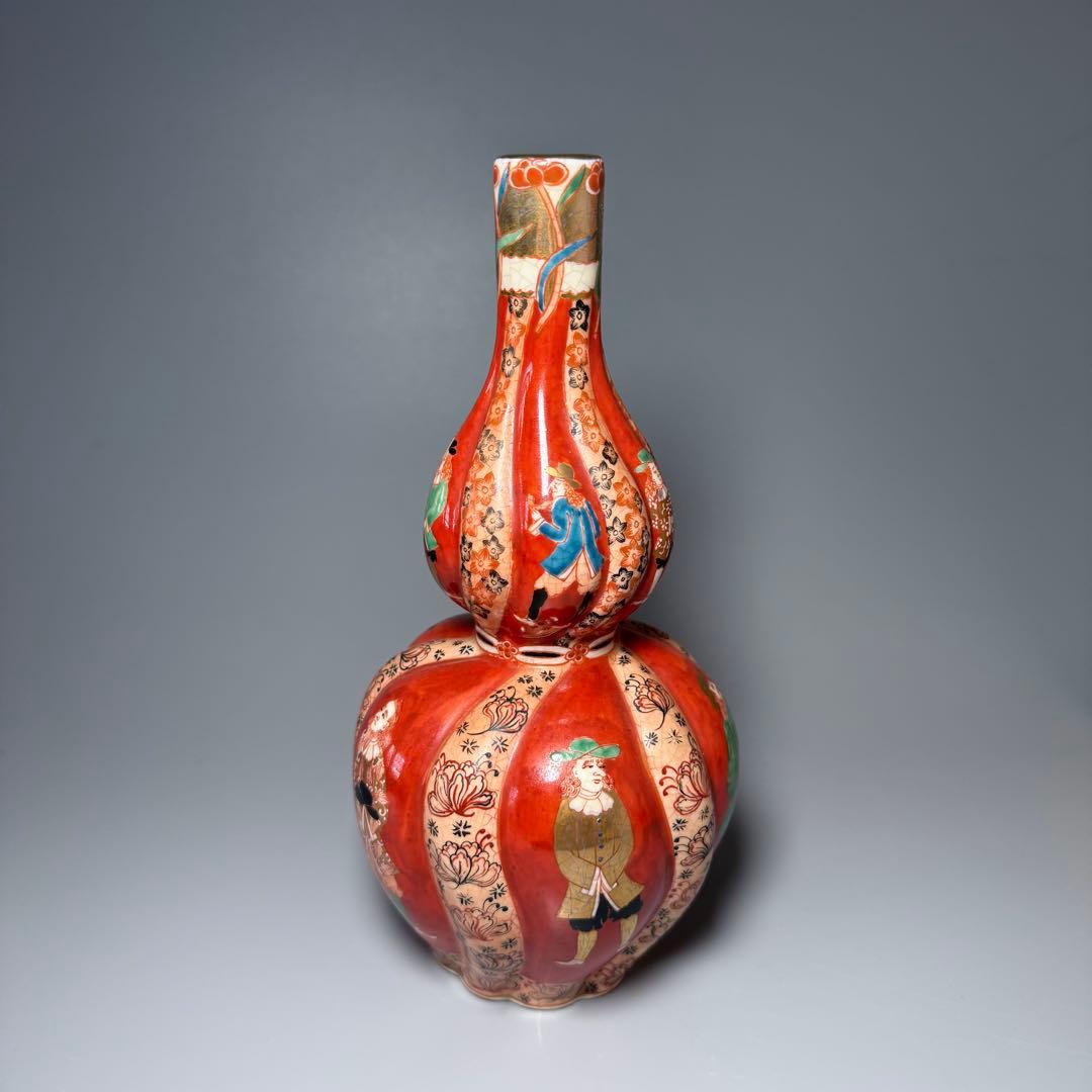 幕末〜明治期　アンティーク薩摩　異人図祥瑞瓢箪形花瓶　箱　布　里帰り品