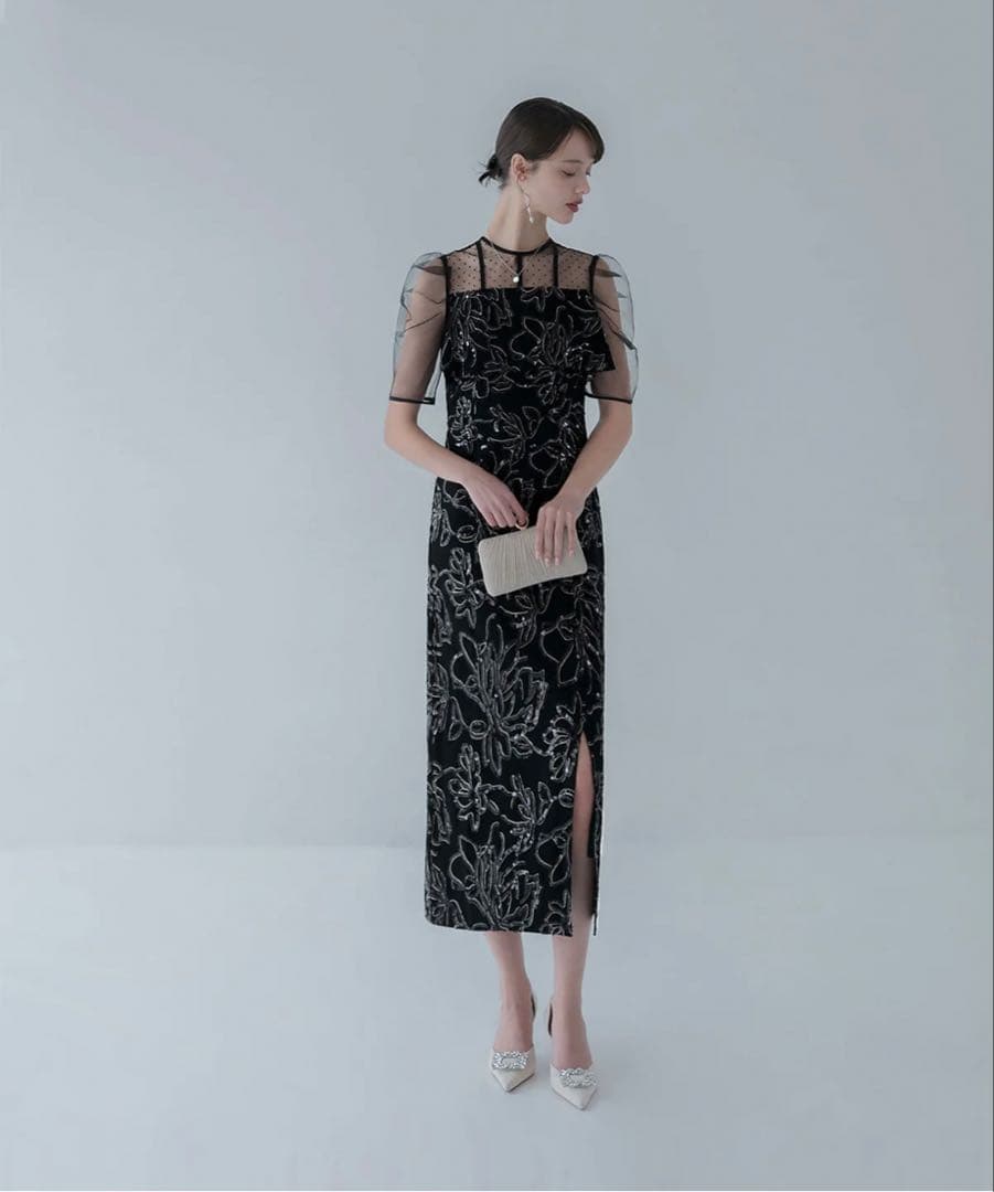 ドットチュールフラワースパンコールIラインワンピースドレス