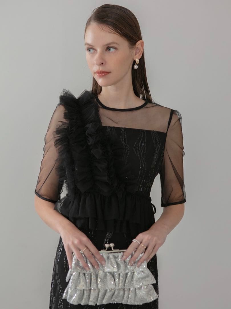 アシンメトリーフリルチュールIラインワンピースドレス結婚式二次会パーティー成人式