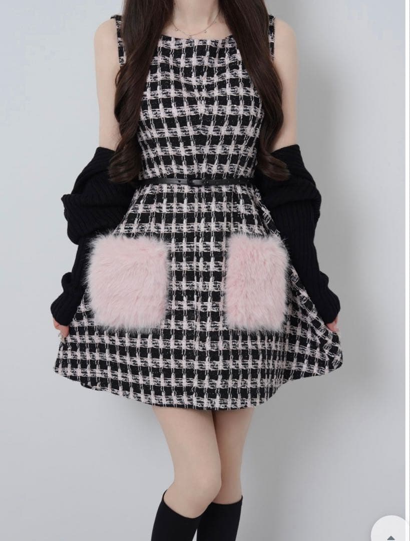 Lumignon Tweed pocket furdress ブラック×ピンク