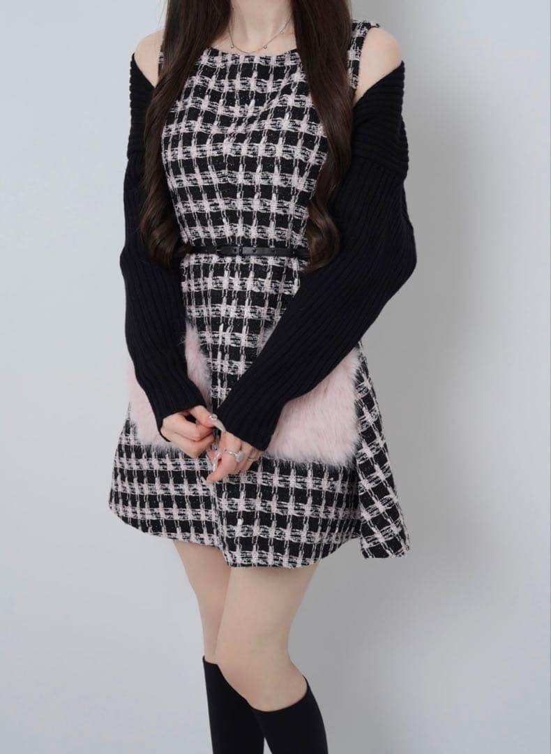 Lumignon Tweed pocket furdress ブラック×ピンク