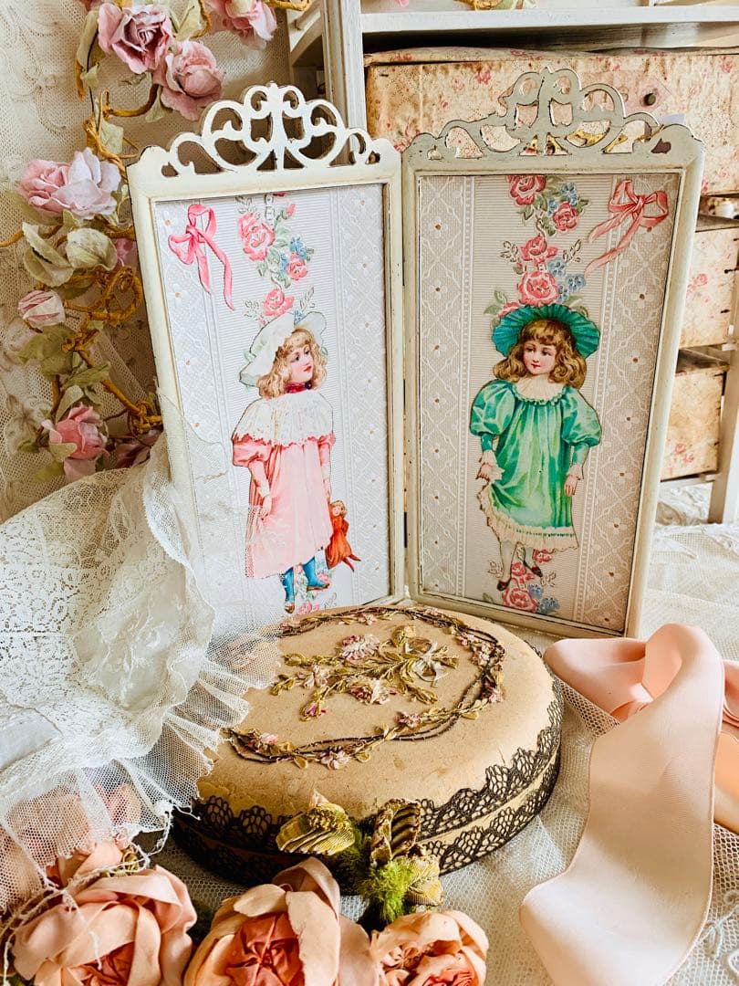 ※リクエストのお品※フランスアンティークシルクリボン＋リボン刺繍ボックス