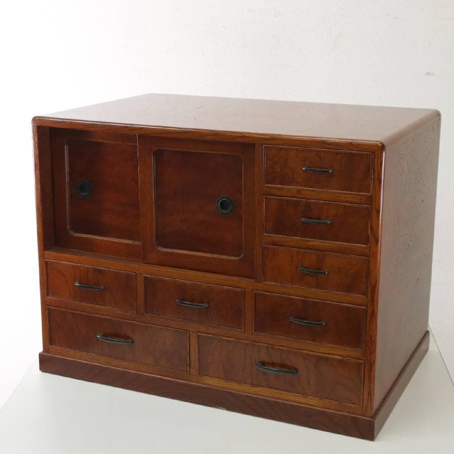 値下逸品 匠シール 欅 縮み杢 内桐 民芸・時代家具調 小抽斗 小箪笥幅61cm