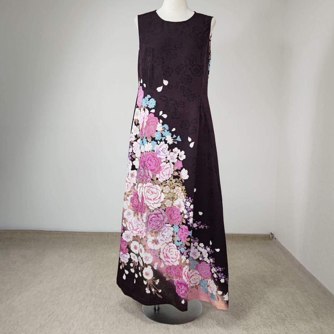 振袖ドレス トールサイズ ノースリーブ 着物リメイク 黒紫