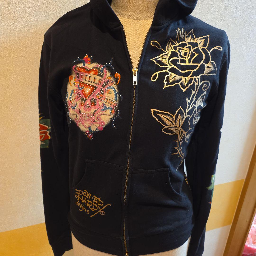 Ed Hardy花柄刺繍 パーカー 黒 Seattle 1968