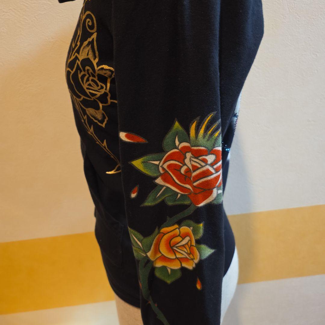 Ed Hardy花柄刺繍 パーカー 黒 Seattle 1968