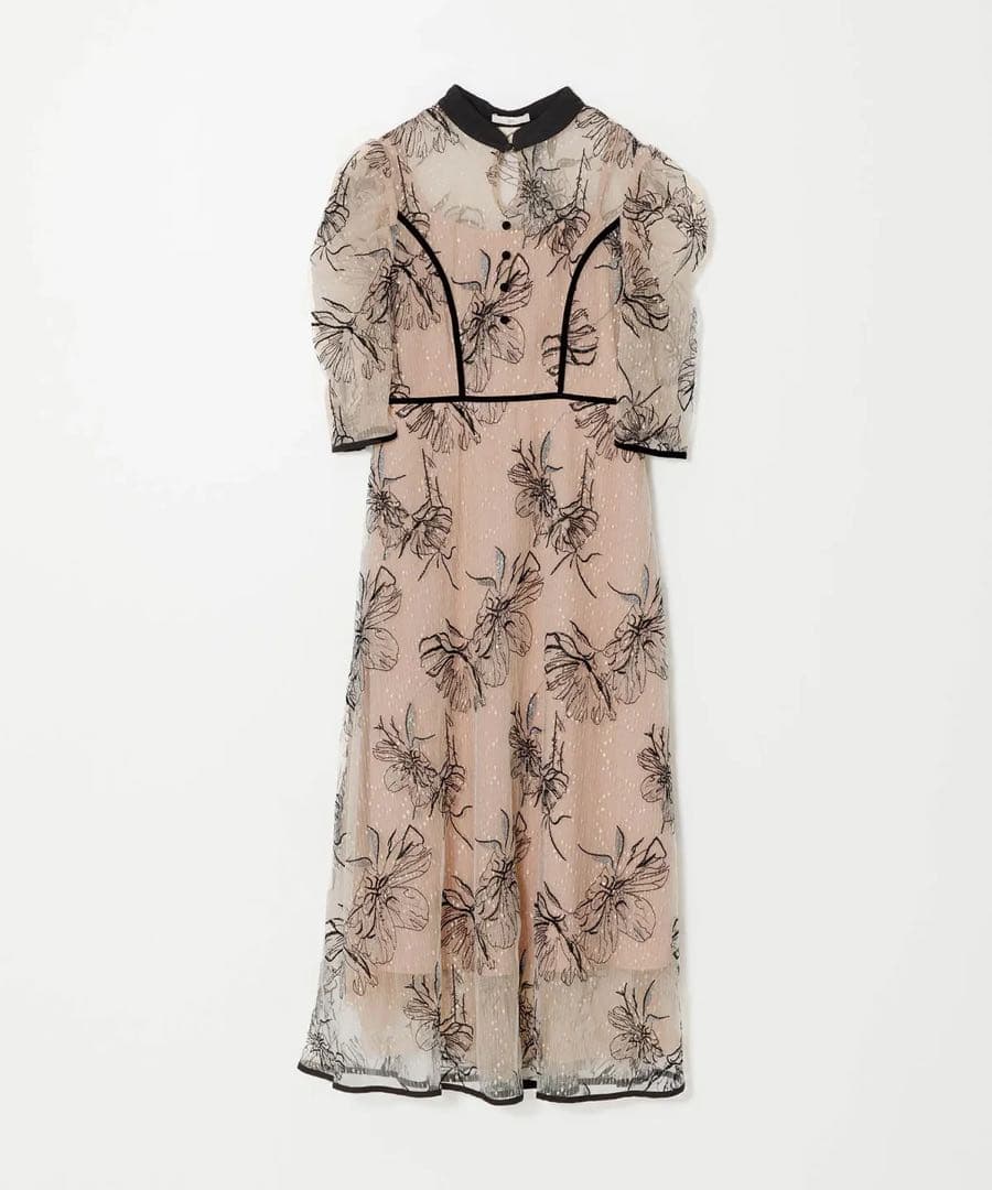 【美品JEJA】パイピングハイネック花柄ラメレースワンピースドレス