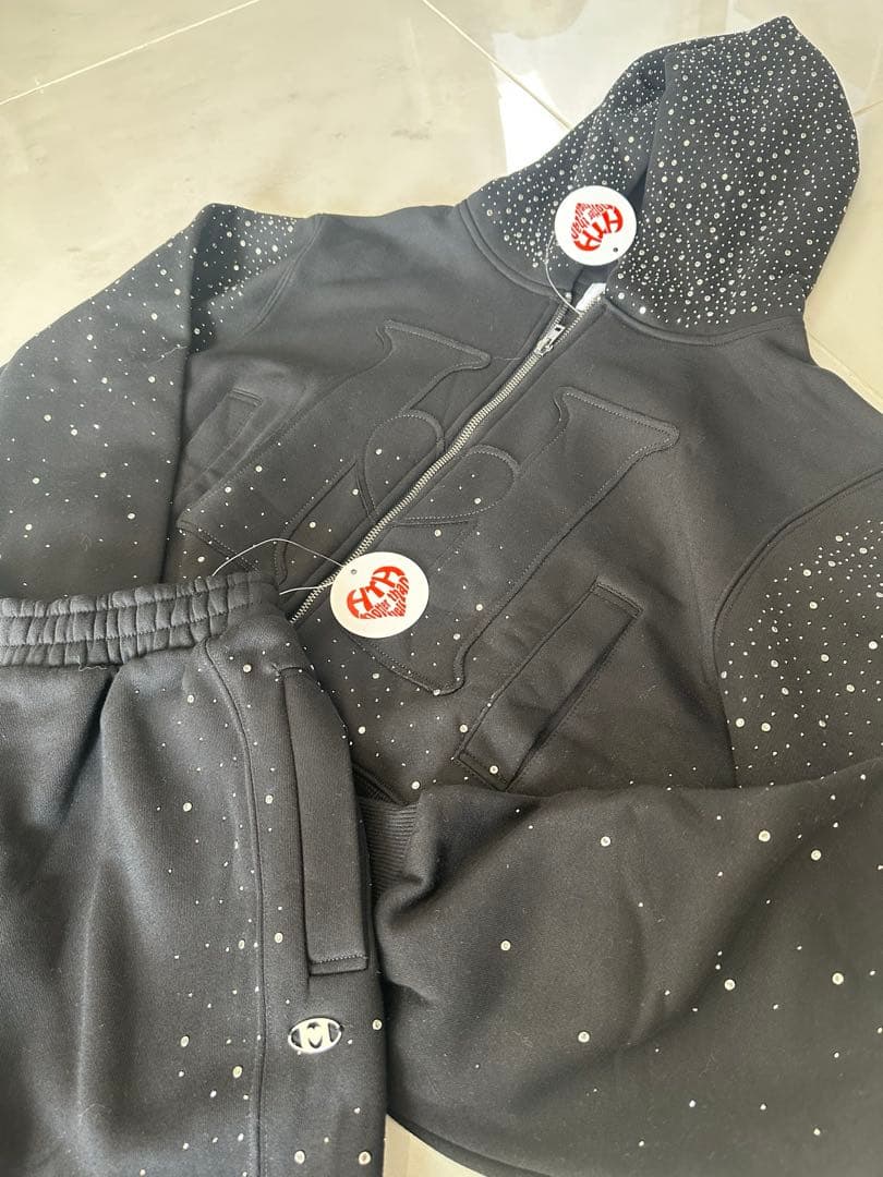 H heart logo rhinestone zip hoodieセットアップ
