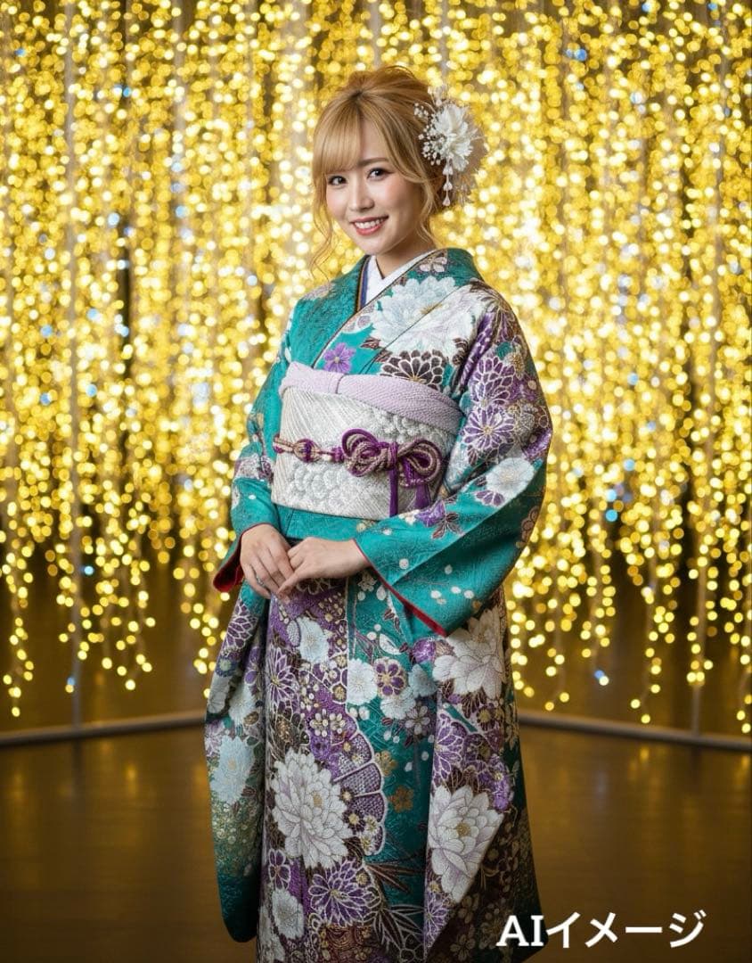 振袖フルセット 成人式 青緑 エメラルドグリーン