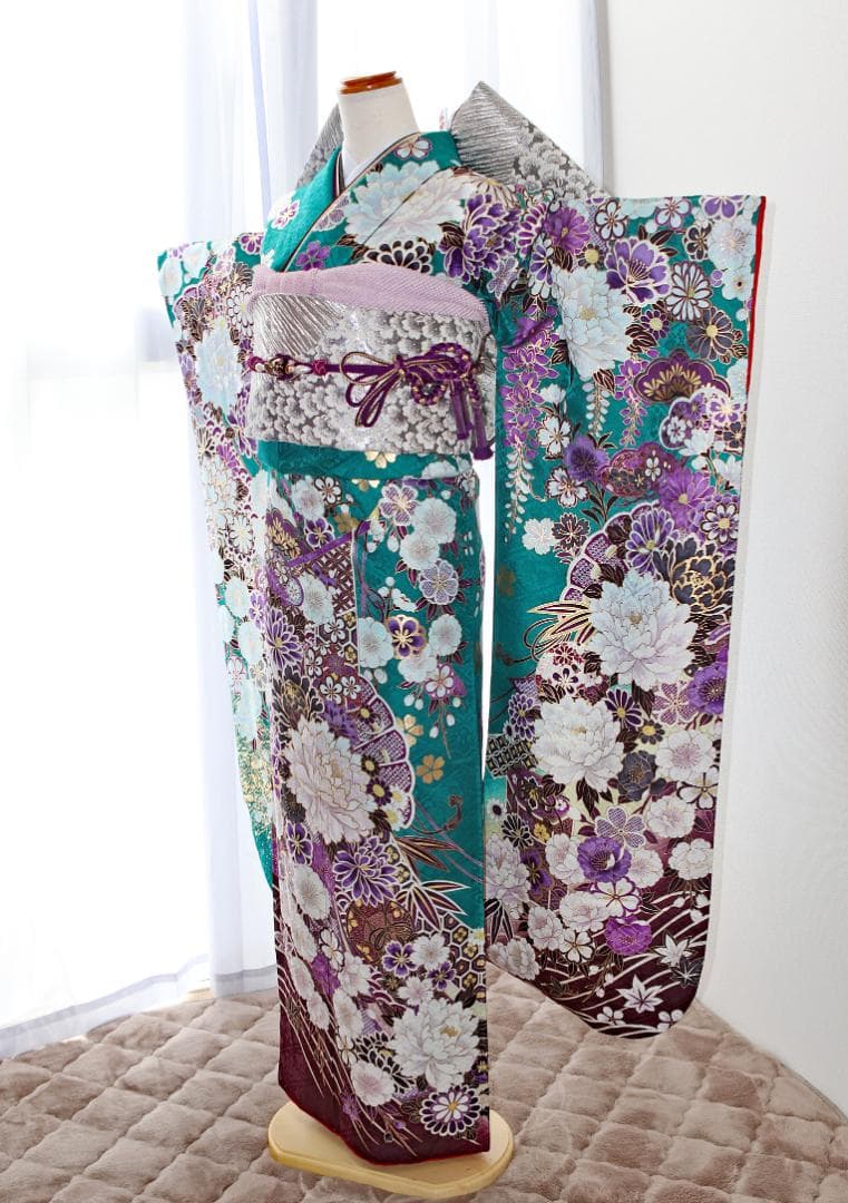 振袖フルセット 成人式 青緑 エメラルドグリーン